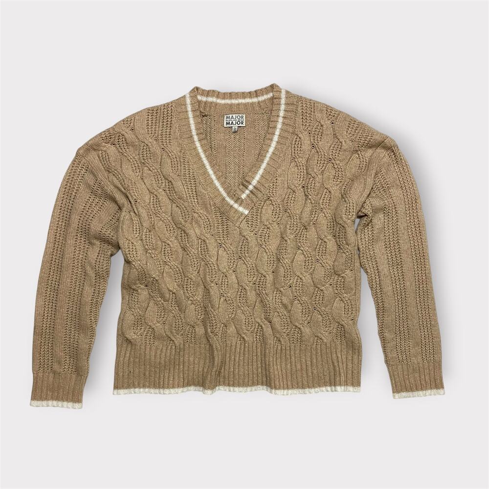 Major Label Group Women’s V-Neck Cable Knit Tan Sweater Size Large